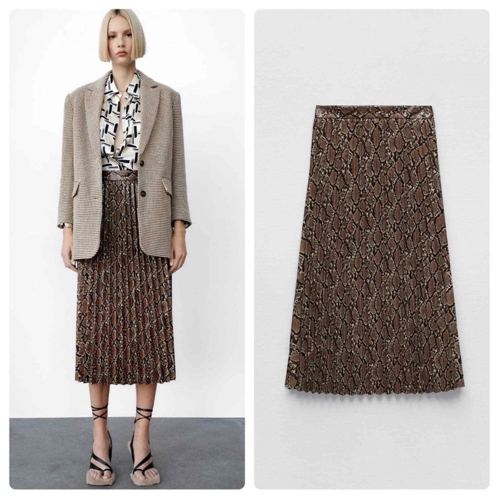 Snake Print Faux Leather Pleated Midi Skirt